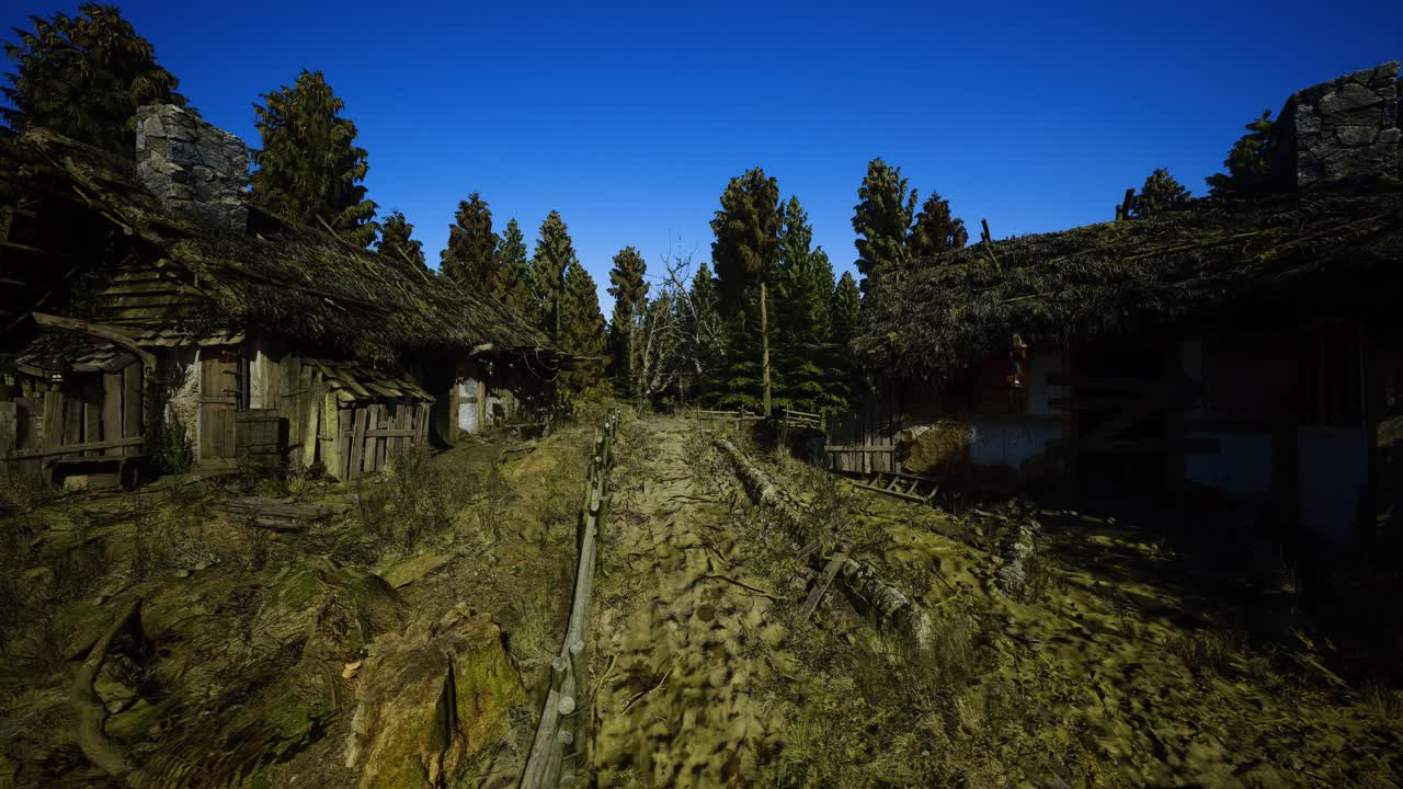 Tilgroet, forladt landsby i skumringen set fra et opdagelsesrejsendes udsigtspunkt