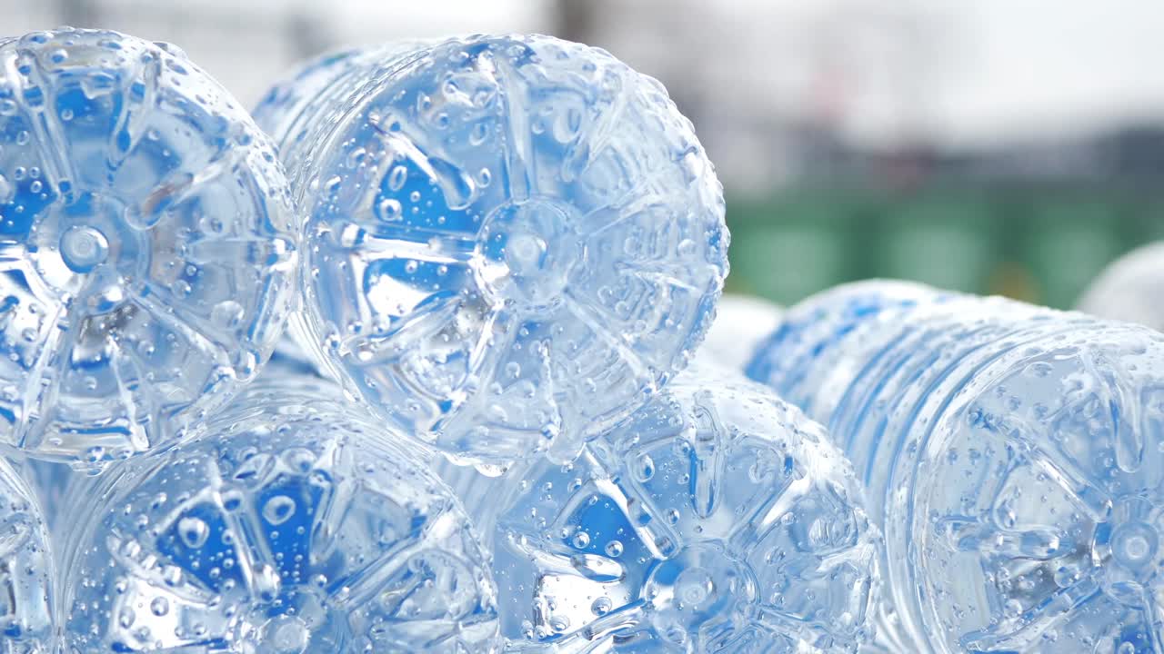 Close up of stacked water bottles