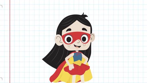 animation of girl wearing super hero mask and clothes over grid pattern against white background