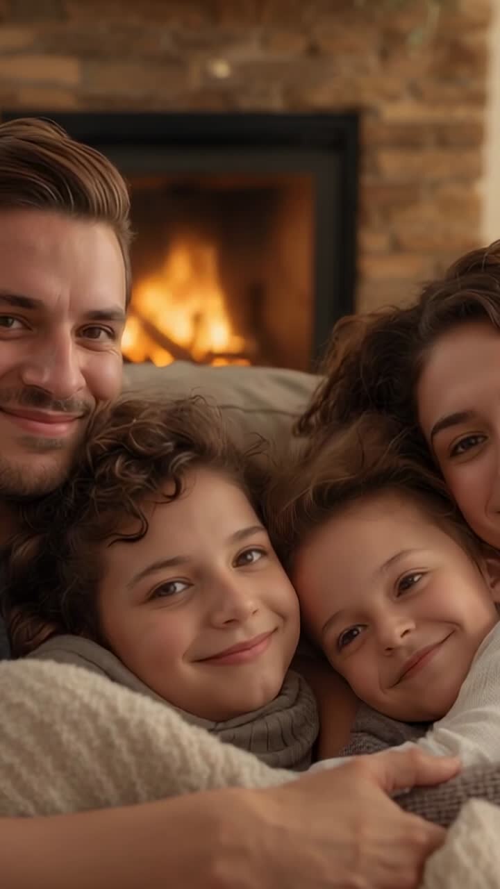 Video verticale: Famiglia che si coccola sotto una coperta lavorata a maglia, appoggiata sul divano, con la luce del fuoco che li avvicina.
