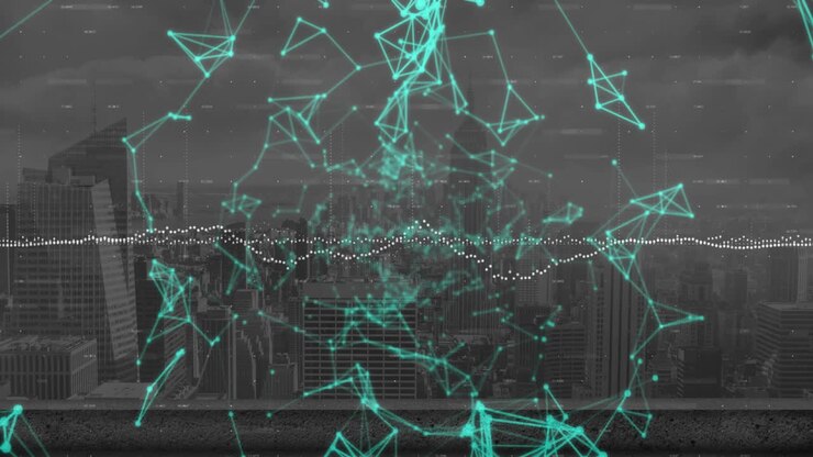 Animation of graphs over connected dots forming geometric shapes over modern city against cloudy sky