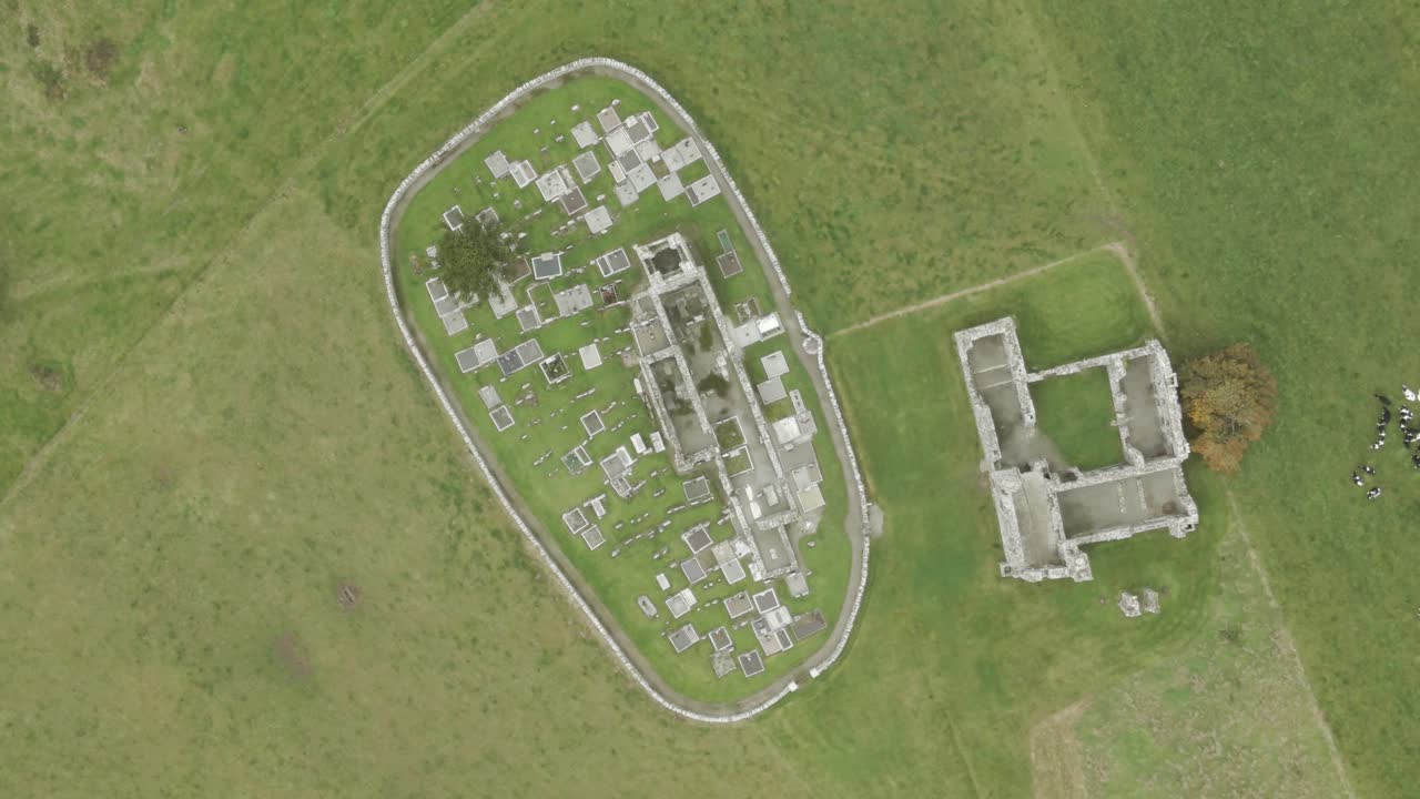 Above View Of The Hill of Slane Historical Remains In County Meath, Ireland. Aerial Topdown Shot