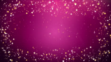 pink horizontal background with flying golden stars. festive looped animated frame with glitter. copy space.