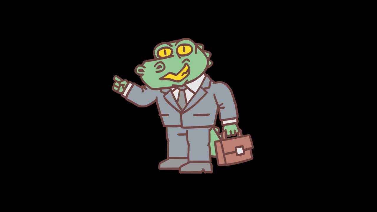 브리프케이스를 들고 손가락을 가리키는 악어 캐릭터. 프레임별 프레임 애니메이션. 알파 채널