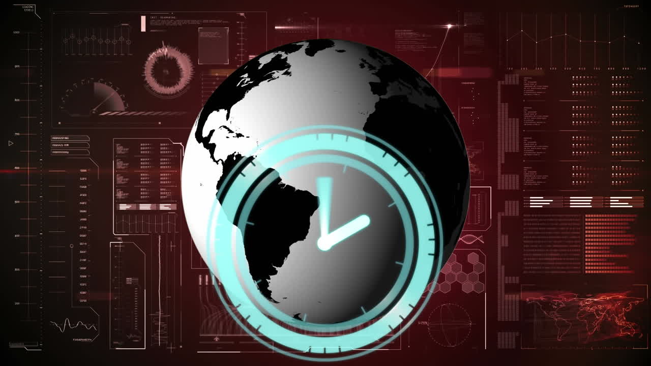 Animation of clock over globe and data processing on screen
