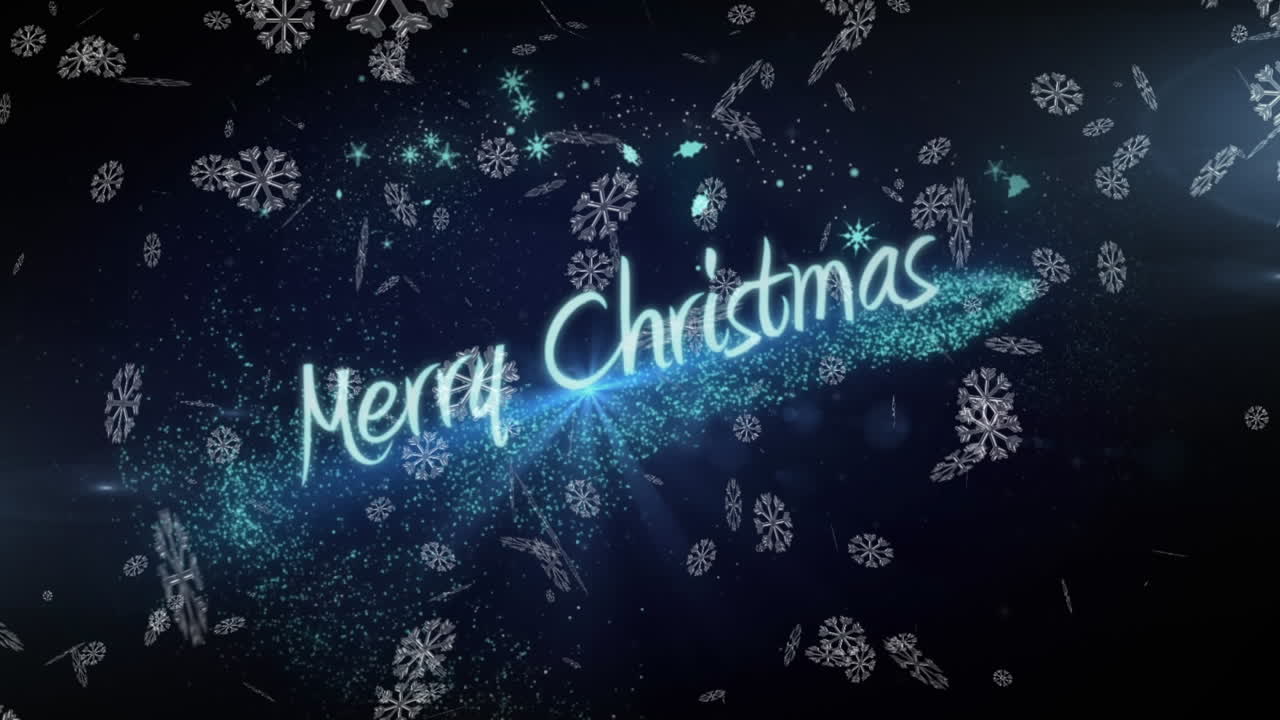 즐거운 크리스마스 텍스트와 파란색 배경에 떨어지는 눈송이의 애니메이션