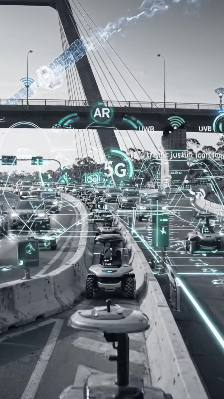 Scena di traffico moderna con veicoli intelligenti e tecnologie di connettività avanzate evidenziate su una strada cittadina sotto un ponte sospeso.