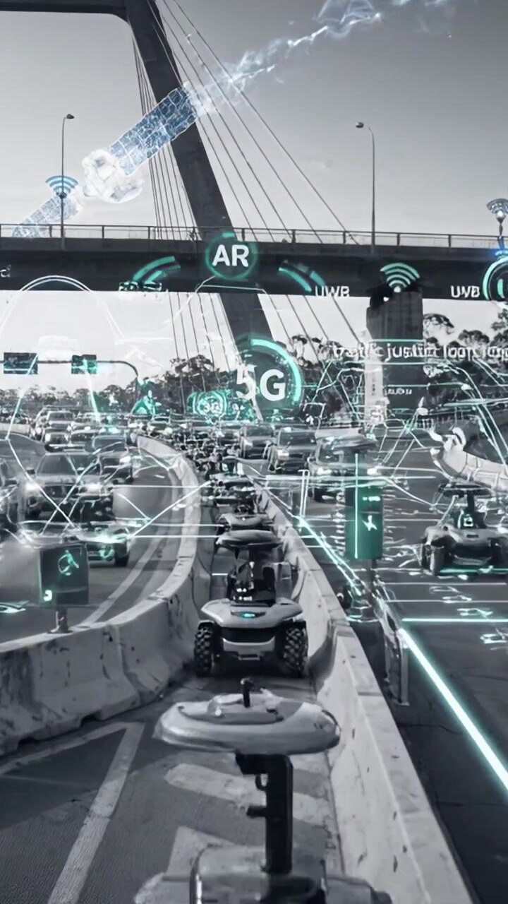 Scena di traffico moderna con veicoli intelligenti e tecnologie di connettività avanzate evidenziate su una strada cittadina sotto un ponte sospeso.