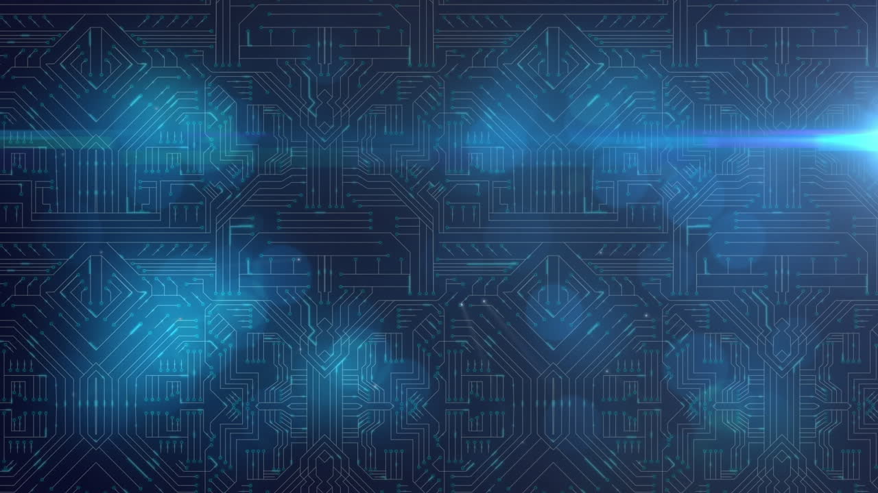 animación del procesamiento de datos en una placa de circuito luminoso de computadora
