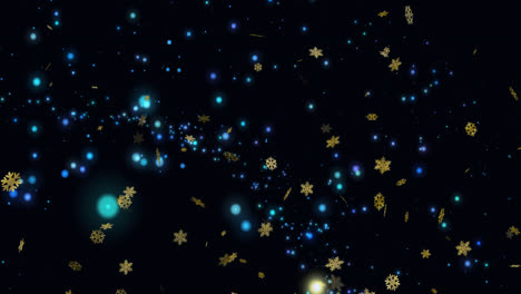 animación de copos de nieve dorados de navidad cayendo con luces azules brillantes sobre un fondo negro.