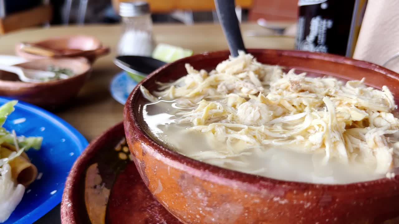 Close-up of chicken white pozole