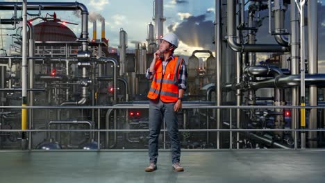 full body of asian male engineer with safety helmet thinking about something and looking around while standing in a refinery, oil processing equipment and machinery
