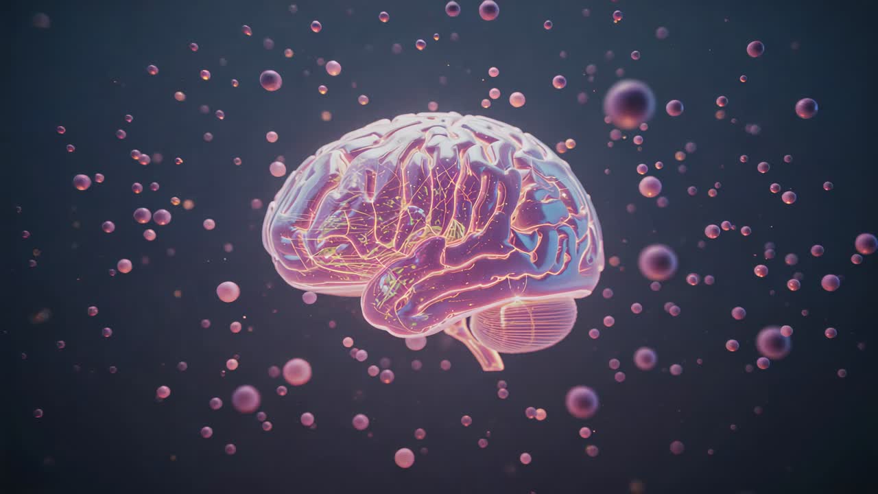 Starting 3D brain model rotating exposing glowing neural pathways and spheres in dark space