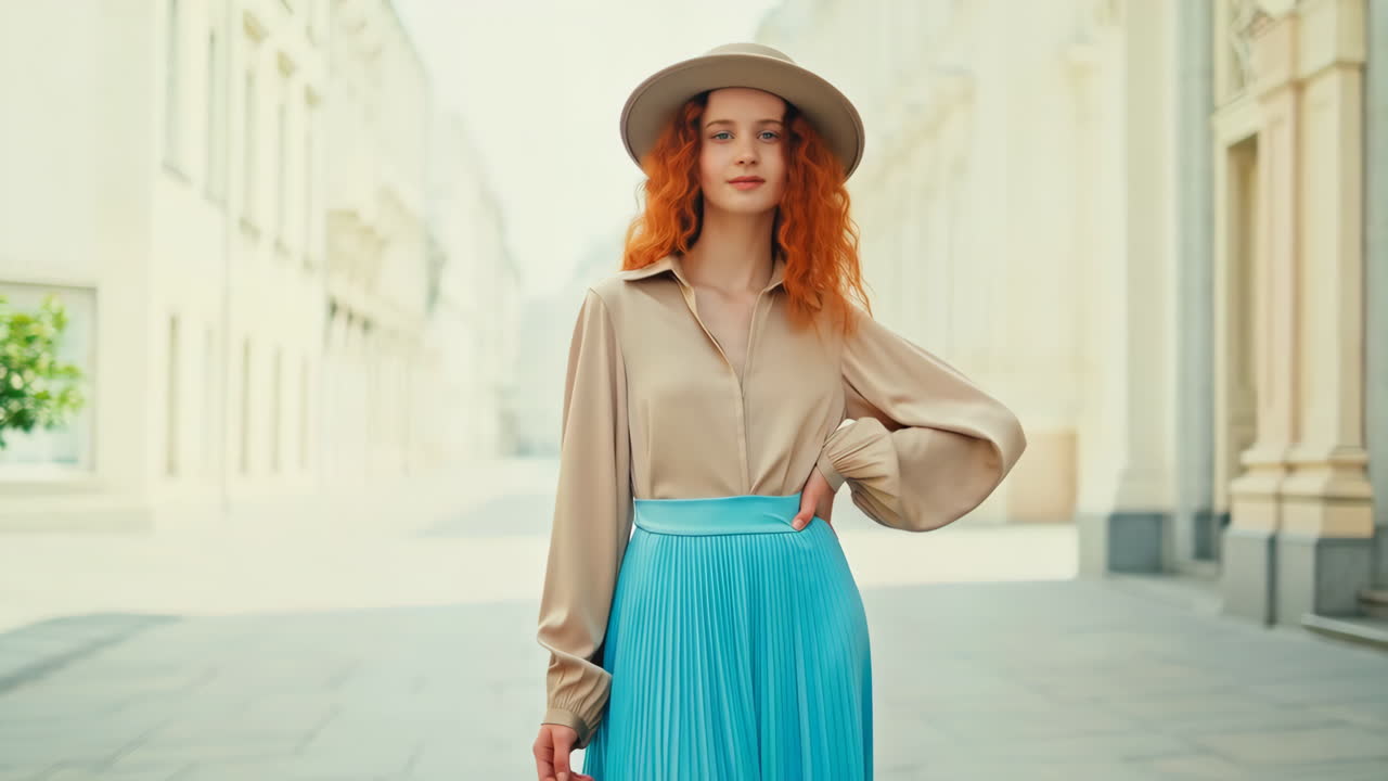 Elegante giovane donna con i capelli rossi in posa per le strade della città