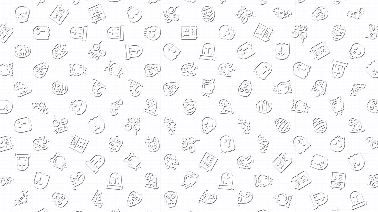 Halloween icons, animation loop. Seamless pattern background. small Halloween icons rotate slowly on grid. white backdrop
