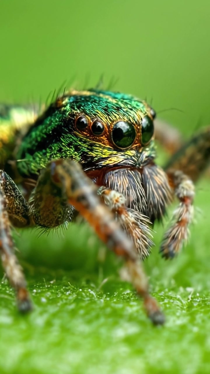 A Magnificent Close-Up of a Colorful Jumping Spider Showcasing Unique Patterns and Features on a Leafy Background
