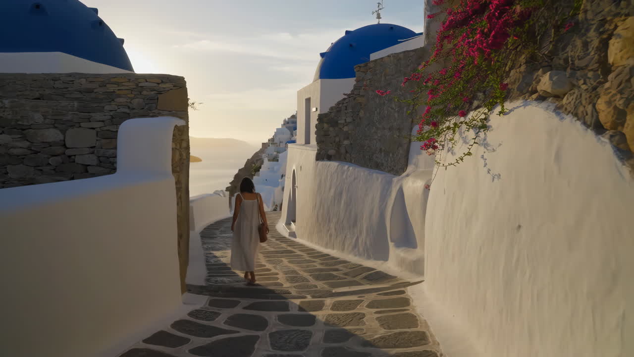 Woman walking in a picturesque street in Santorini, Greece