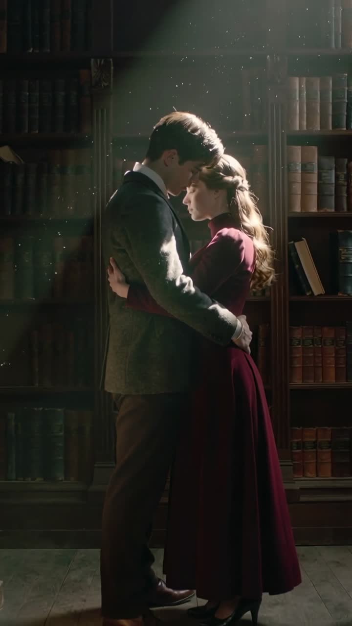 Vídeo vertical: Homem e mulher se abraçando em uma biblioteca de filmes, feixe de luz se deslocando intensificando o abraço, poeira iluminada.