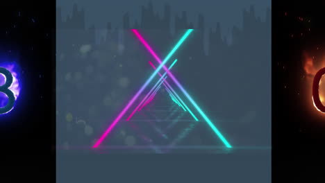animación de líneas coloridas y letras en llamas sobre fondo negro