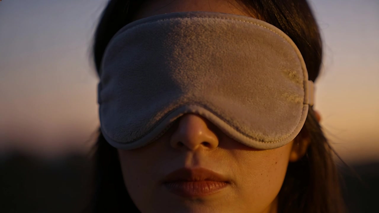 Recording frontal female face making small sleep mask shifts at sunset, with beige plush sleep mask