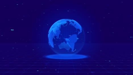 futuristic planet earth hologram cyberspace world map of glowing dots with hud big data circles