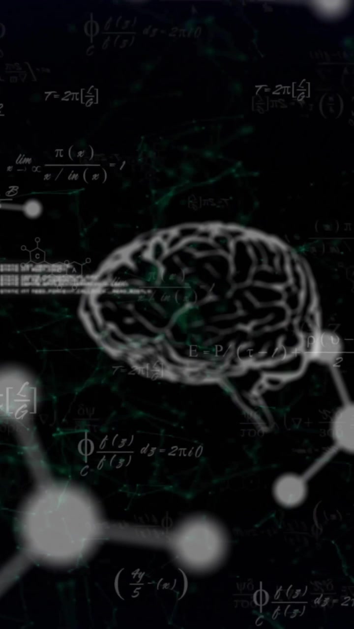 Animation of brain, molecules and data processing with mathematical equations on black background