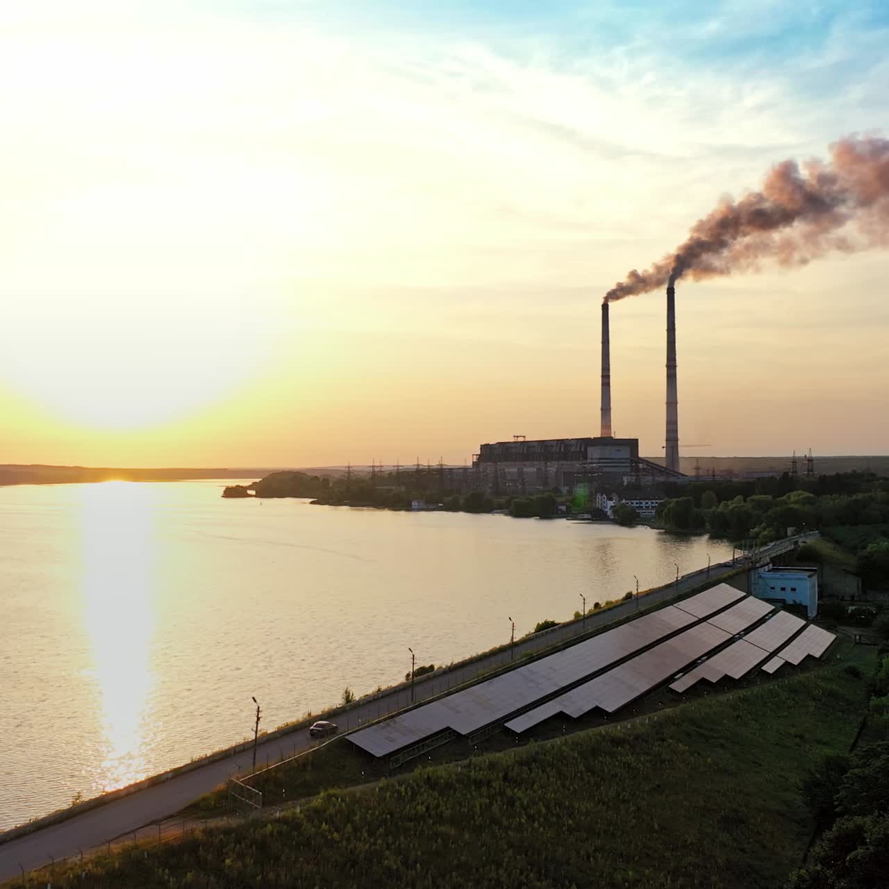 Aerial view of river during sunset