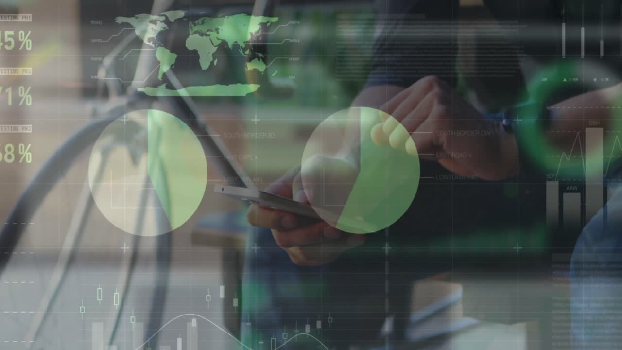 거리에서 스마트폰을 사용하는 사람의 중간 섹션에 대한 통계 데이터 처리의 애니메이션