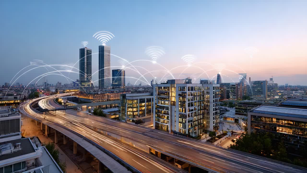 Connettività urbana: uno scorcio della vita moderna in città con reti wireless e flusso del traffico al crepuscolo e illuminazioni notturne che svelano un futuro guidato dalla tecnologia