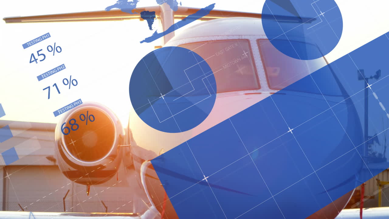 Jet airplane with blue geometric and world map animation overlay