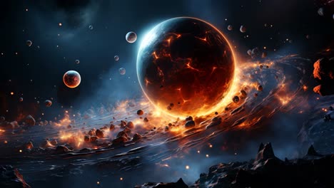 vibrant cosmic landscape featuring a fiery planet amidst swirling asteroids