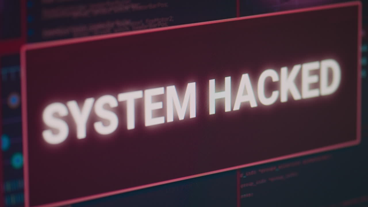 Display with system hacked message and security breach alert