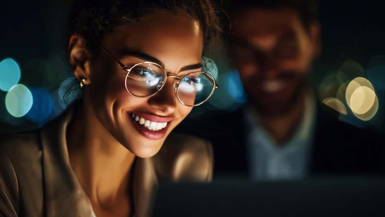 A woman with glasses smiles while engaged with a laptop, highlighted by soft ambient lights, radiating joy and concentration amidst a nighttime urban backdrop