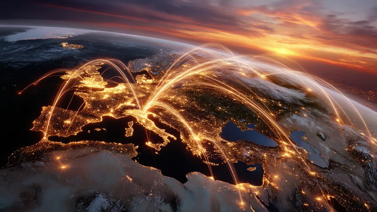 A Captivating Aerial View of Europe Illuminated by Luminous Connections, Showcasing Vibrant Networks and Dynamic Interactions on a Stunning Global Scale
