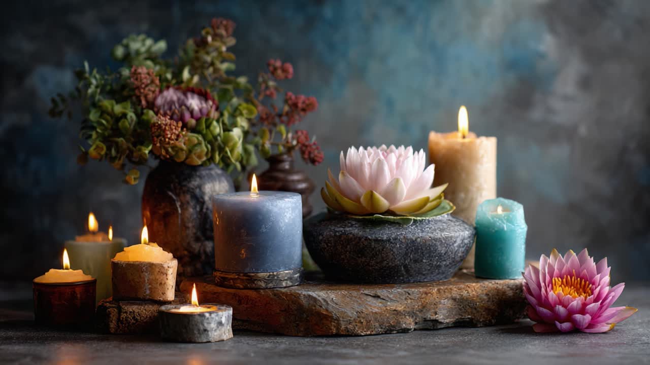 Una tranquilla composizione di natura morta con candele che brillano dolcemente, eleganti fiori di loto e una vegetazione lussureggiante, creando un'armonia di bellezza serena e relax
