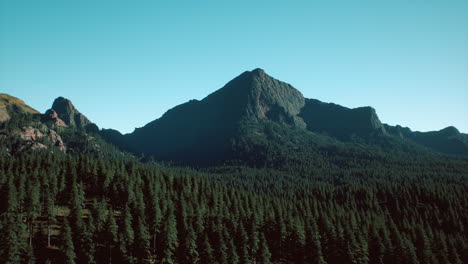 panoramic-aerial-view-of-rocky-ridge-among-green-forest-at-sunset