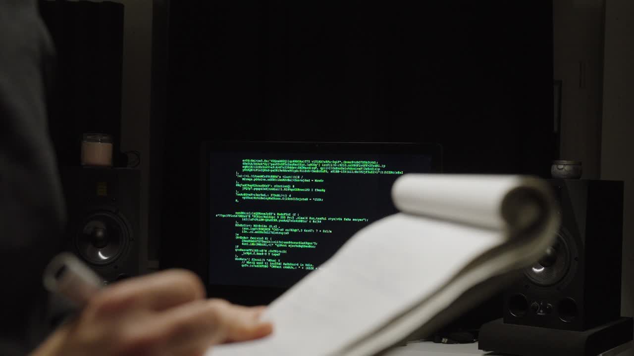 Kinoreife Aufnahme mit geringer Tiefenschärfe einer Person, die in ein Notizbuch schreibt, mit einem verschwommenen, mit Code gefüllten Monitor im Hintergrund – Konzept zur Ersetzung manueller Protokolle durch KI-Automatisierung, Dokumentation und Produktivität