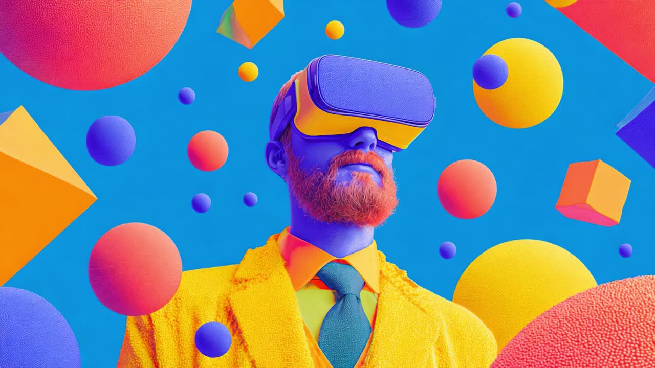 A vibrant and surreal depiction of a man enjoying virtual reality, immersed in a colorful explosion of geometric shapes and vivid colors, showcasing the intersection of technology and creativity in a digital landscape