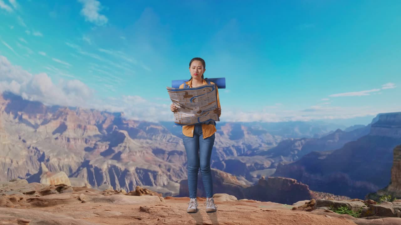 Full Body Of Asian Female Hiker With Mountaineering Backpack Looking At The Map Then Looking Around While Traveling At The Top Of Mountain