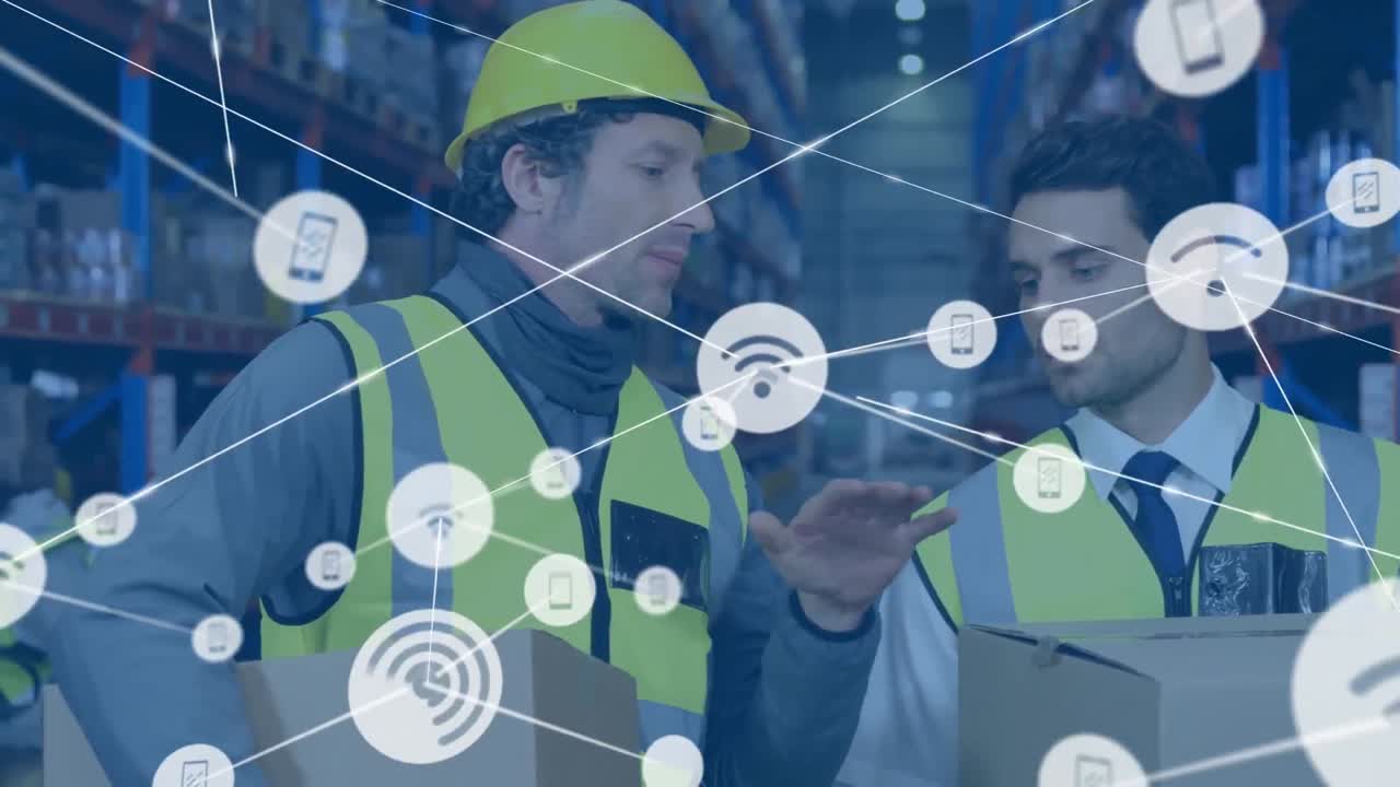 анимация сети соединений с иконами над различными работниками на складе