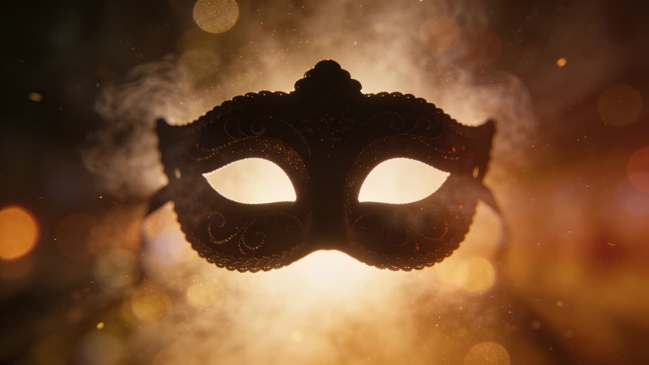 Maschera veneziana che rimane centrata nel set per rivelare un alone, fumo che sale, bokeh alla deriva e braci incandescenti.