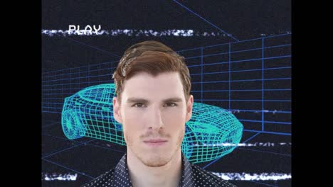 Animation of caucasian man over play interface on screen with glitch 3d drawing model of car