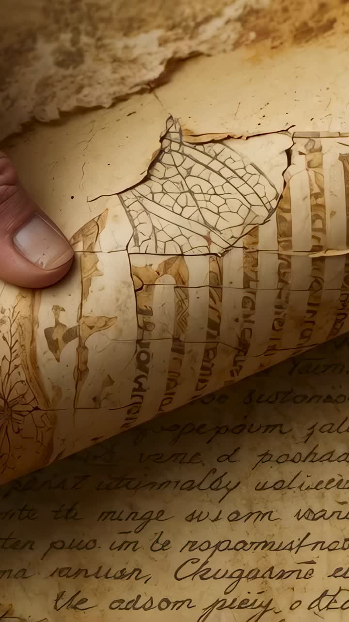 Vertical video: Touching finger peeling rolled parchment on desk, revealing leaf drawing and script