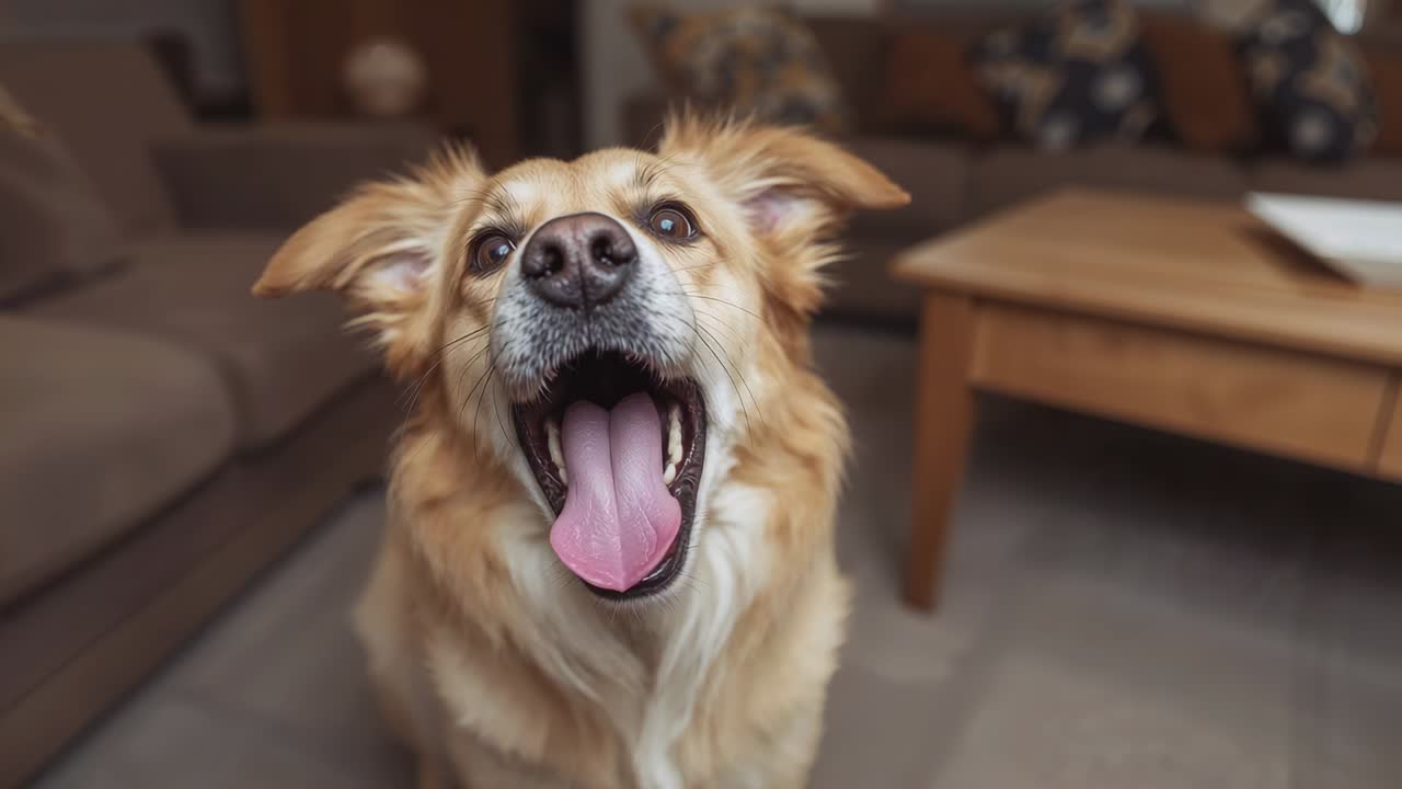Un perro dorado jadeante sentado y moviendo la cabeza en el salón, con un sofá a la izquierda y una revista a la derecha