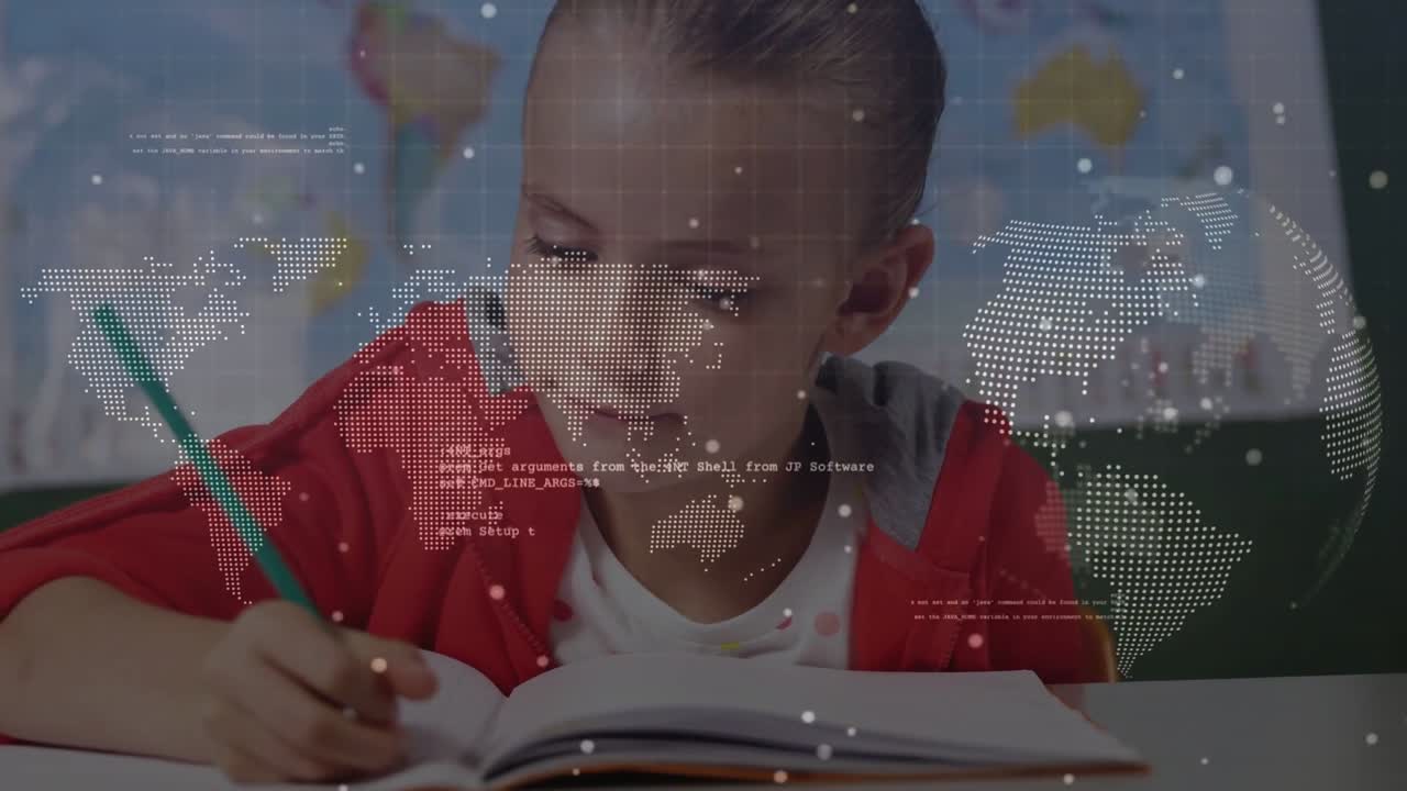 Student touching notebook with green pencil writing for learning, dotted globe overlay hovering