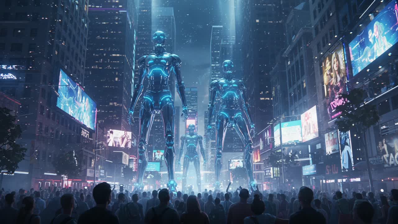 In a futuristic cityscape, towering robots loom over a gathering crowd, illuminated by vibrant neon lights and holographic advertisements, creating a mesmerizing spectacle of technology and urban life