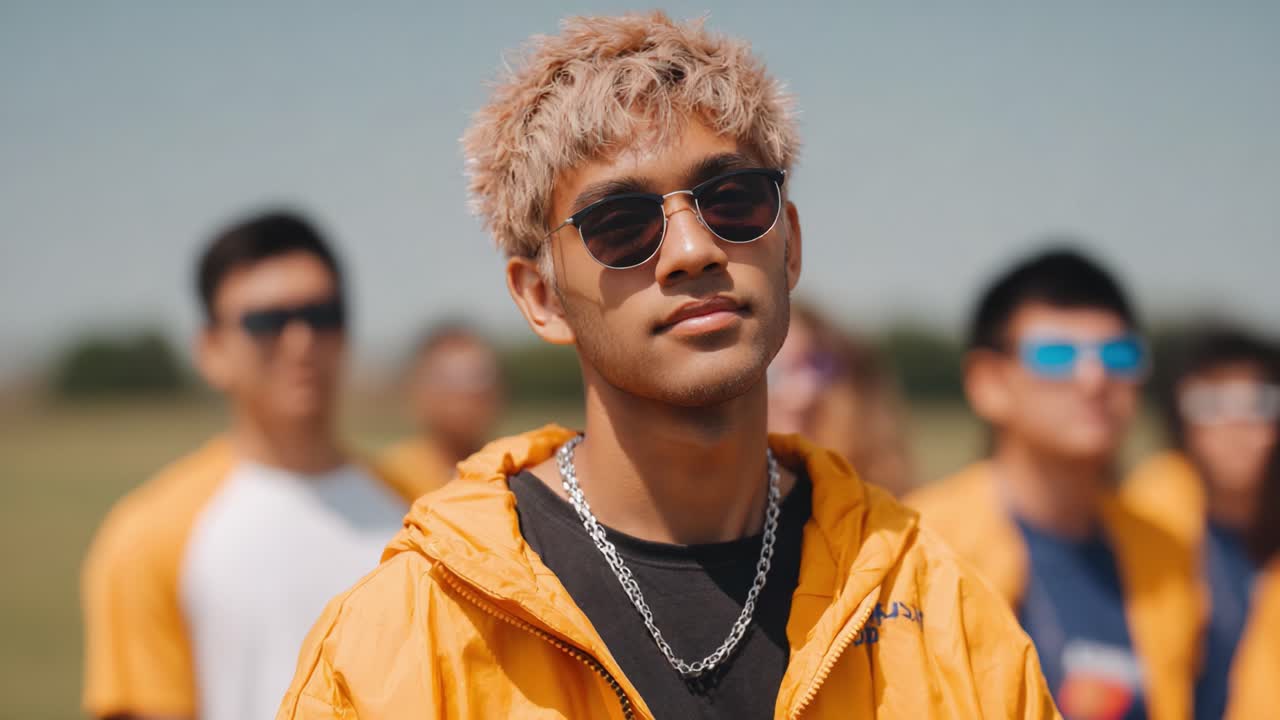 A Stylish Group of Friends in Sunglasses and Casual Attire, Showcasing Youthful Energy and Camaraderie Against a Bright Outdoor Background