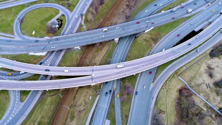 Aerial view of a freeway intersection
