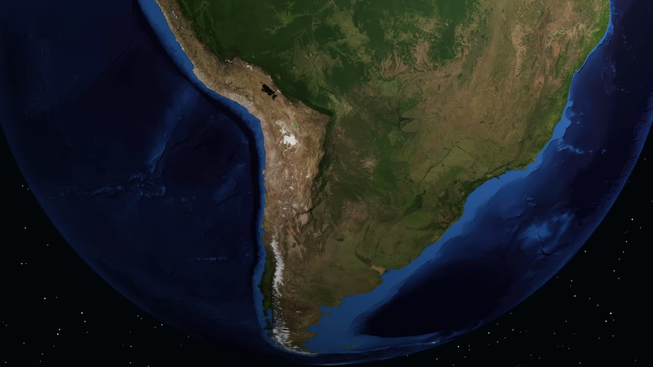 Animação digital com zoom do espaço para a América do Sul, localizando Salta, Argentina, com coordenadas específicas.
