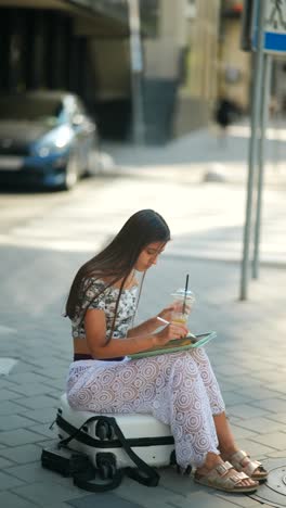 young woman working on tablet outdoors